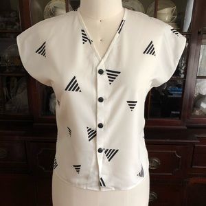 Vintage Geometric Print Button Up Blouse